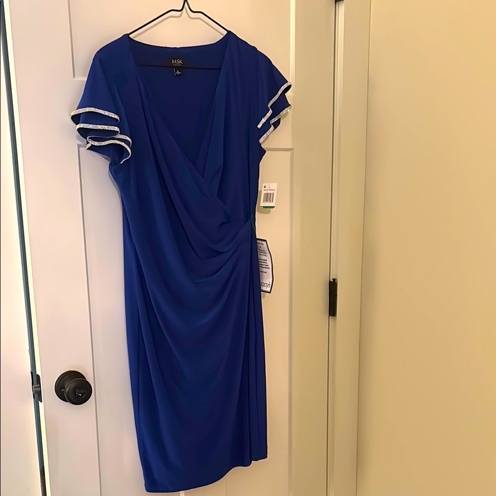 Macy's Blue Sheath Dress with Ruched Flutter Sleeves